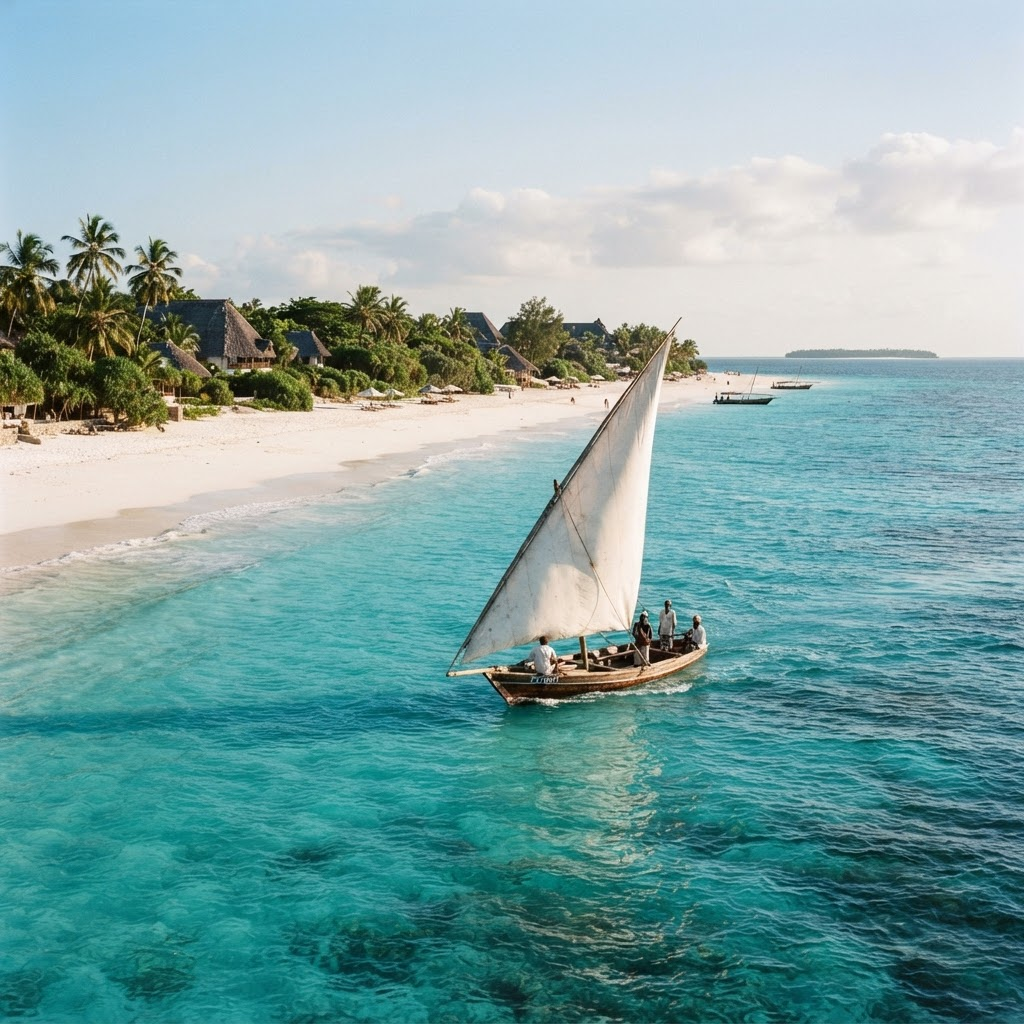 A traditional dhow on the turquoise water off Zanzibar
